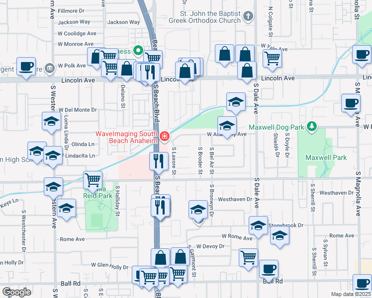 map of restaurants, bars, coffee shops, grocery stores, and more near 2957 West Rowland Circle in Anaheim