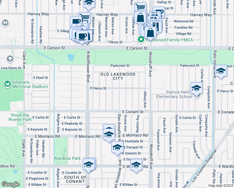 map of restaurants, bars, coffee shops, grocery stores, and more near 3748 San Anseline Avenue in Long Beach