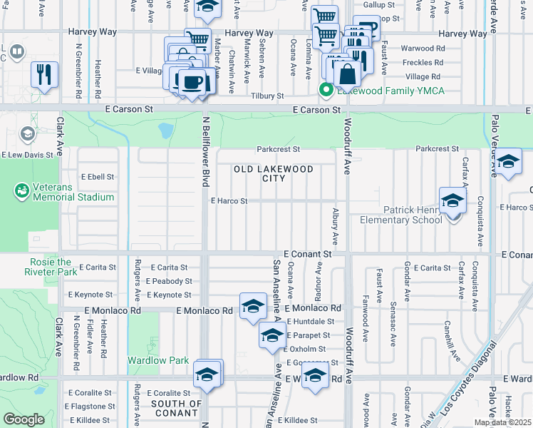 map of restaurants, bars, coffee shops, grocery stores, and more near 3749 North Sebren Avenue in Long Beach