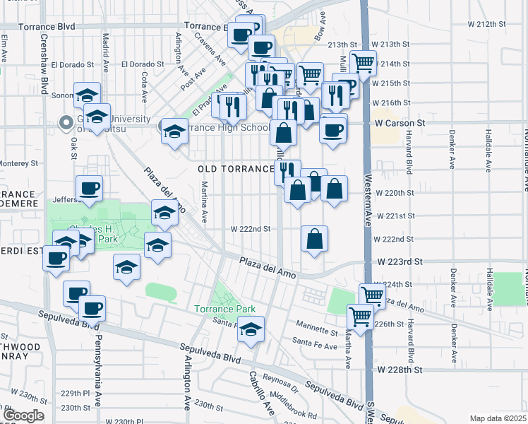 map of restaurants, bars, coffee shops, grocery stores, and more near 2114 Andreo Avenue in Torrance
