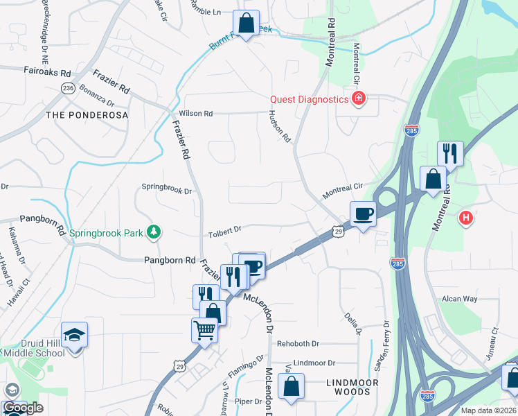 map of restaurants, bars, coffee shops, grocery stores, and more near 3130 Tolbert Drive in Decatur