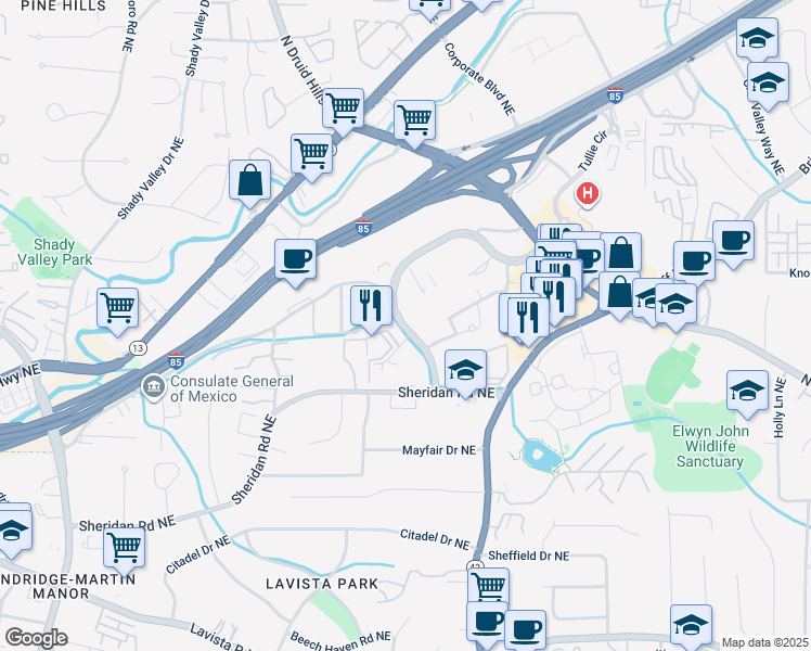 map of restaurants, bars, coffee shops, grocery stores, and more near 2 Executive Park East in Atlanta
