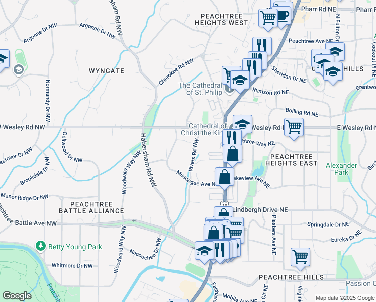 map of restaurants, bars, coffee shops, grocery stores, and more near 2648 Rivers Road Northwest in Atlanta