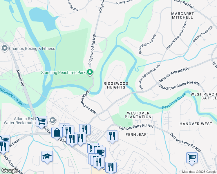 map of restaurants, bars, coffee shops, grocery stores, and more near 2623 Ridgemore Road Northwest in Atlanta