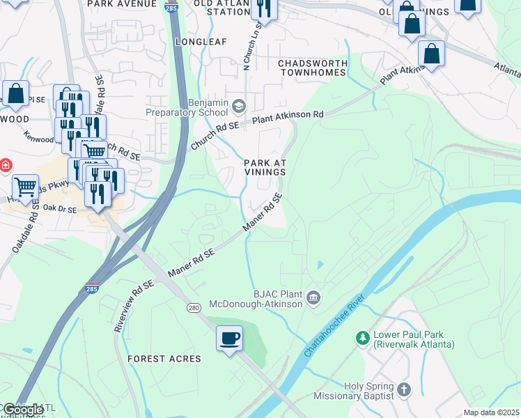 map of restaurants, bars, coffee shops, grocery stores, and more near 2452 Coosa Valley in Atlanta