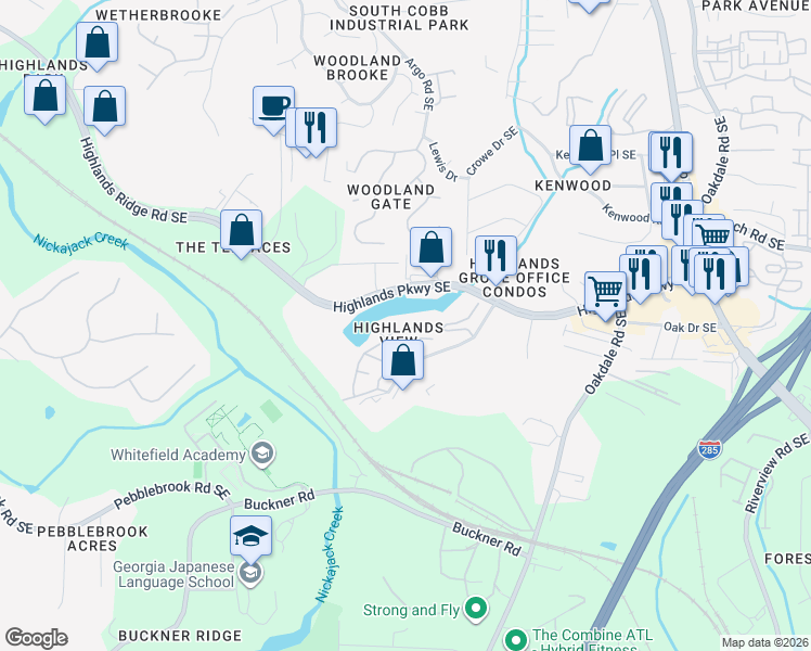 map of restaurants, bars, coffee shops, grocery stores, and more near 1753 Highlands View Drive in Smyrna