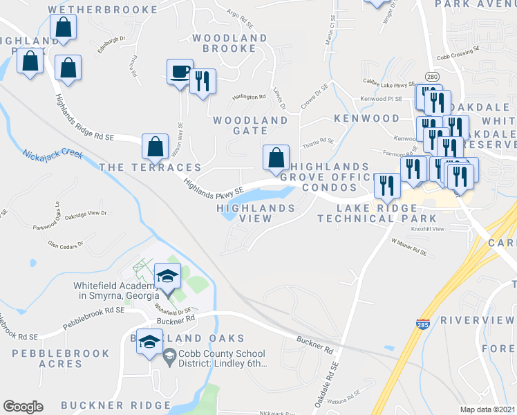 map of restaurants, bars, coffee shops, grocery stores, and more near 407 Iona Abbey Drive Southeast in Smyrna