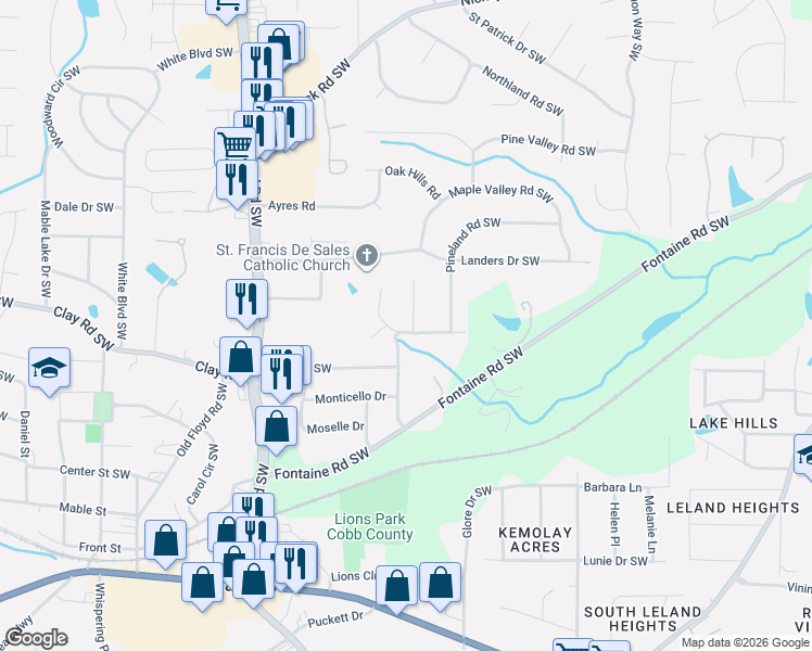 map of restaurants, bars, coffee shops, grocery stores, and more near 549 Pineland Circle in Mableton