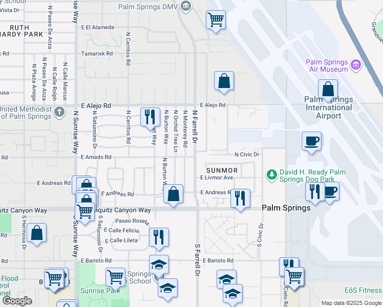 map of restaurants, bars, coffee shops, grocery stores, and more near 301 North Farrell Drive in Palm Springs