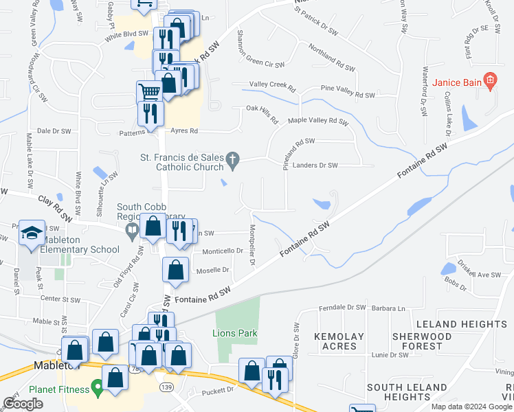 map of restaurants, bars, coffee shops, grocery stores, and more near 549 Pineland Circle in Mableton