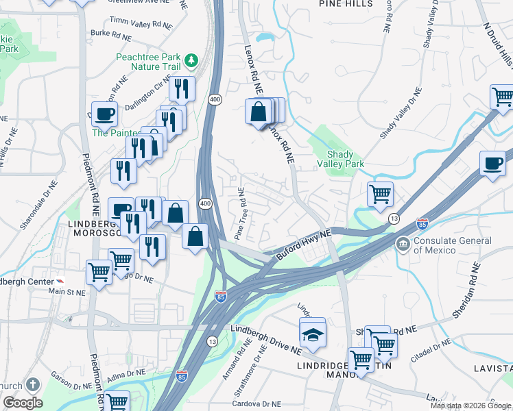 map of restaurants, bars, coffee shops, grocery stores, and more near 925 Canterbury Road Northeast in Atlanta