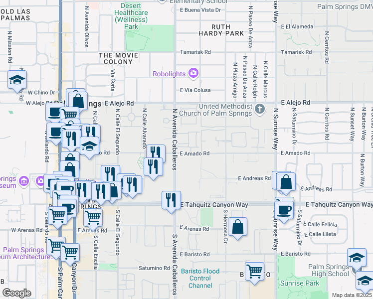 map of restaurants, bars, coffee shops, grocery stores, and more near 1025 Ziel Drive in Palm Springs