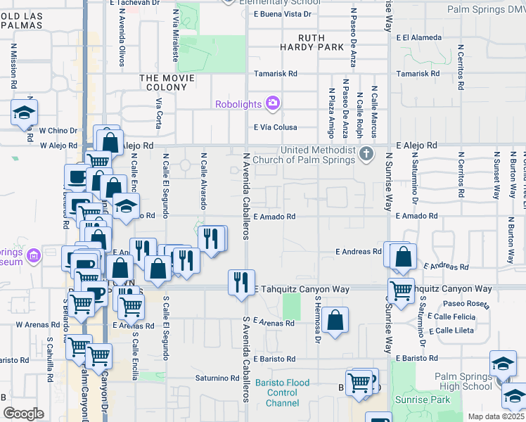 map of restaurants, bars, coffee shops, grocery stores, and more near 1025 Ziel Drive in Palm Springs