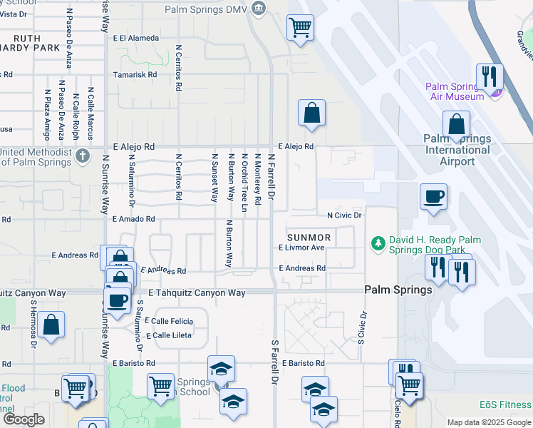 map of restaurants, bars, coffee shops, grocery stores, and more near 301 North Farrell Drive in Palm Springs