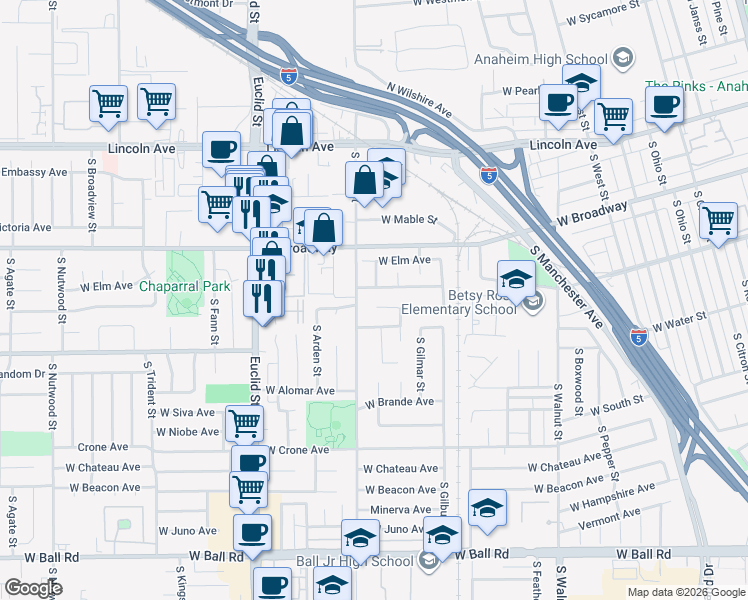 map of restaurants, bars, coffee shops, grocery stores, and more near 1591 West Tedmar Avenue in Anaheim