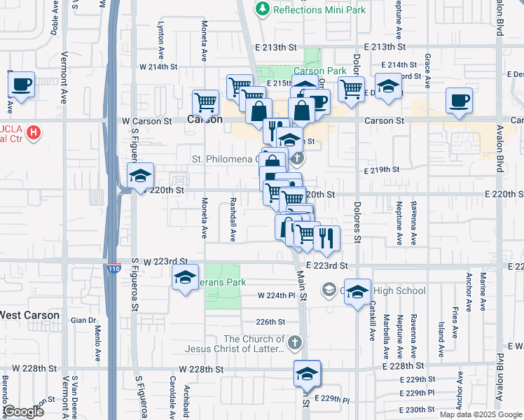map of restaurants, bars, coffee shops, grocery stores, and more near in Carson