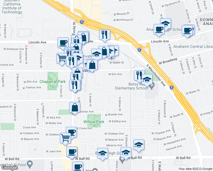 map of restaurants, bars, coffee shops, grocery stores, and more near 1591 West Tedmar Avenue in Anaheim
