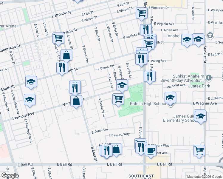map of restaurants, bars, coffee shops, grocery stores, and more near 1425 East Vermont Avenue in Anaheim