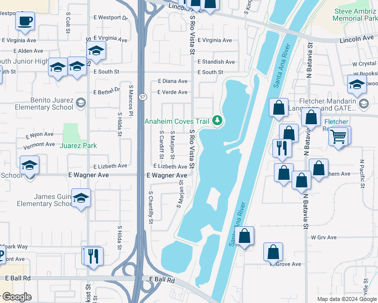map of restaurants, bars, coffee shops, grocery stores, and more near 2789 East Oshkosh Avenue in Anaheim