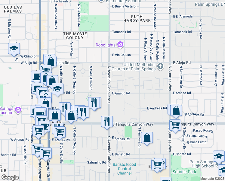 map of restaurants, bars, coffee shops, grocery stores, and more near 1007 Ziel Drive in Palm Springs