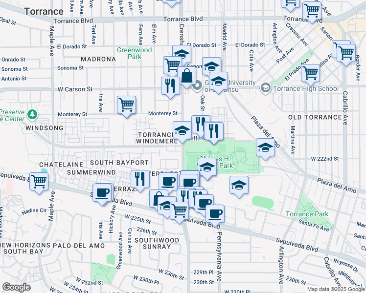 map of restaurants, bars, coffee shops, grocery stores, and more near in Torrance