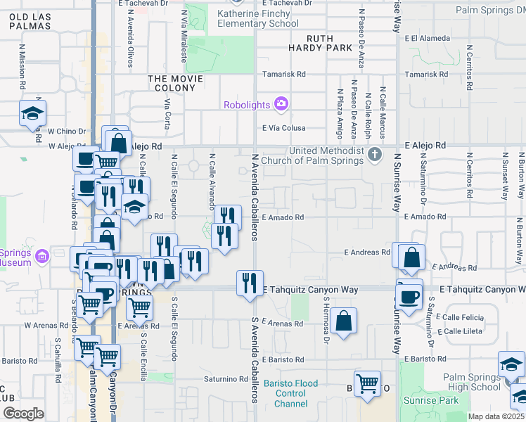 map of restaurants, bars, coffee shops, grocery stores, and more near 1007 Ziel Drive in Palm Springs