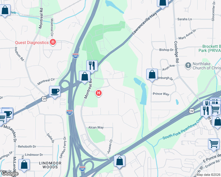 map of restaurants, bars, coffee shops, grocery stores, and more near 3523 Johns Road in Tucker