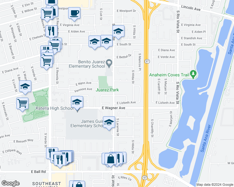 map of restaurants, bars, coffee shops, grocery stores, and more near 2511 East Oshkosh Avenue in Anaheim