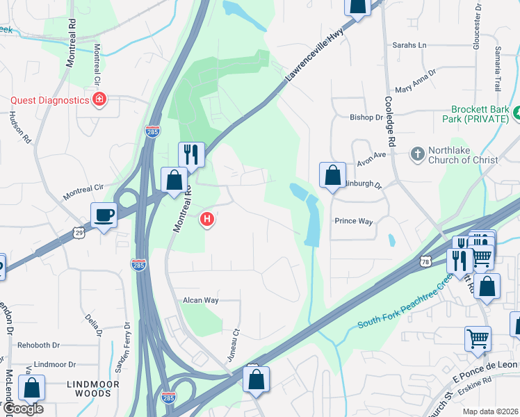 map of restaurants, bars, coffee shops, grocery stores, and more near 3528 Stapp Drive in Tucker
