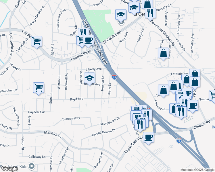 map of restaurants, bars, coffee shops, grocery stores, and more near 20171 Klyne Street in Corona