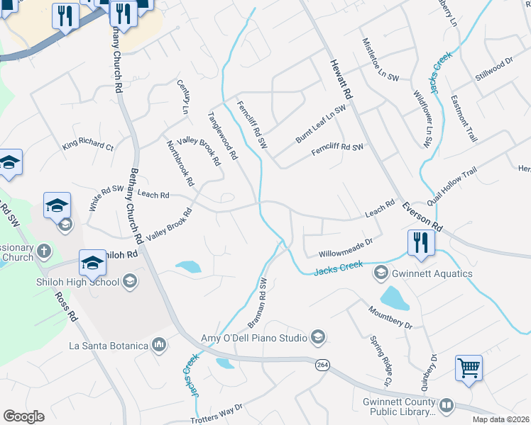 map of restaurants, bars, coffee shops, grocery stores, and more near 2633 Brannan Road Southwest in Snellville