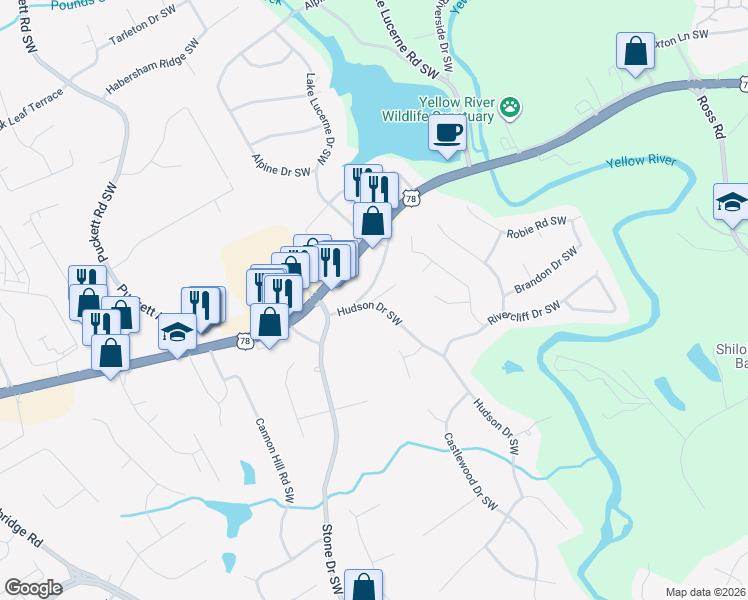 map of restaurants, bars, coffee shops, grocery stores, and more near 2183 Hudson Dr SW in Lilburn