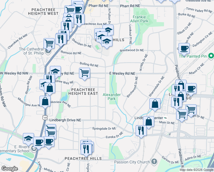 map of restaurants, bars, coffee shops, grocery stores, and more near 2621 Acorn Avenue Northeast in Atlanta