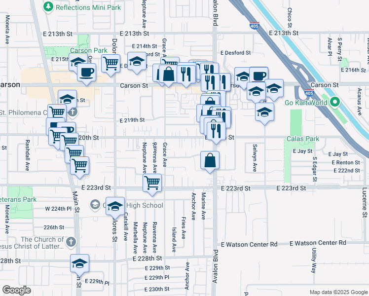 map of restaurants, bars, coffee shops, grocery stores, and more near 561 East 221st Street in Carson
