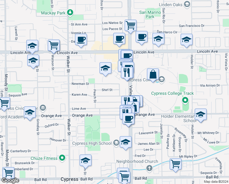 map of restaurants, bars, coffee shops, grocery stores, and more near 5882 Shirl Street in Cypress