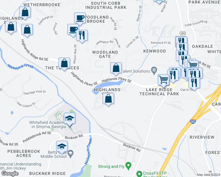 map of restaurants, bars, coffee shops, grocery stores, and more near 1759 Highlands View Drive in Smyrna