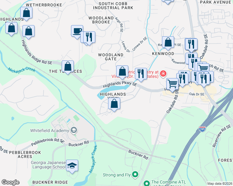 map of restaurants, bars, coffee shops, grocery stores, and more near 1759 Highlands View Drive in Smyrna