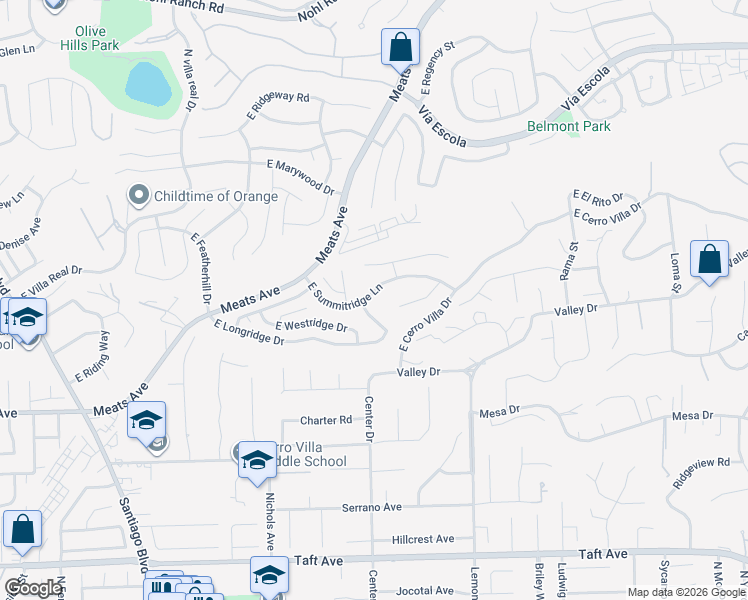 map of restaurants, bars, coffee shops, grocery stores, and more near 3808 East Summitridge Lane in Orange