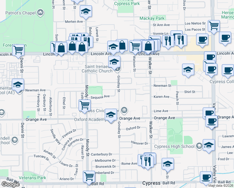 map of restaurants, bars, coffee shops, grocery stores, and more near 9320 Pecan Street in Cypress