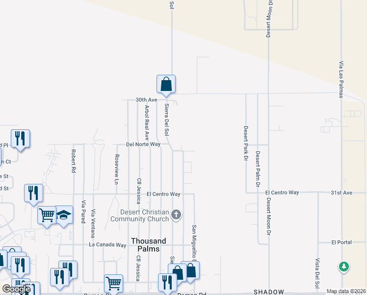map of restaurants, bars, coffee shops, grocery stores, and more near 73040 Del Norte Way in Thousand Palms