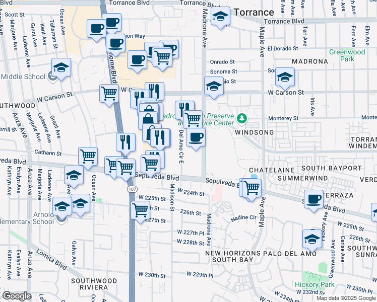 map of restaurants, bars, coffee shops, grocery stores, and more near in Torrance