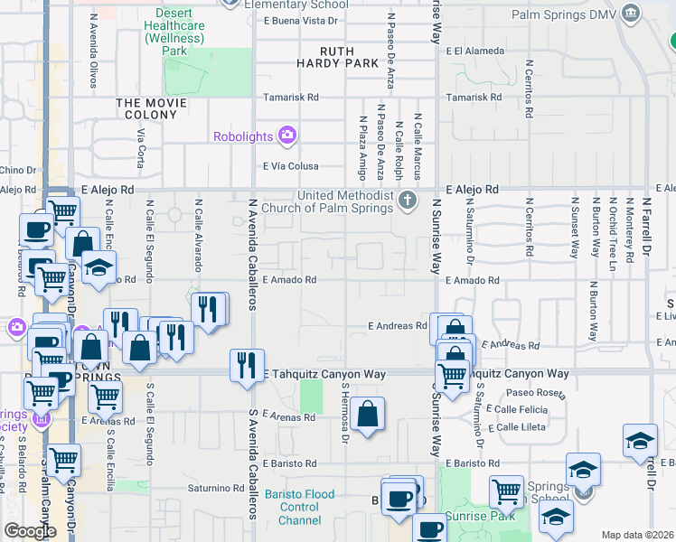 map of restaurants, bars, coffee shops, grocery stores, and more near 351 North Hermosa Drive in Palm Springs