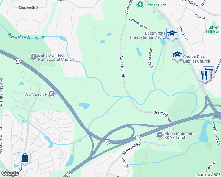 map of restaurants, bars, coffee shops, grocery stores, and more near 1542 Silver Hill Road in Stone Mountain