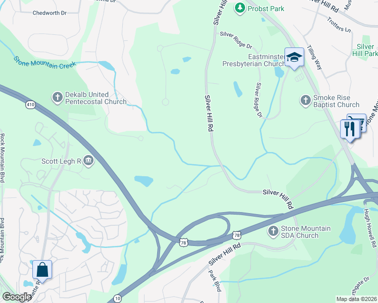 map of restaurants, bars, coffee shops, grocery stores, and more near 1542 Silver Hill Road in Stone Mountain