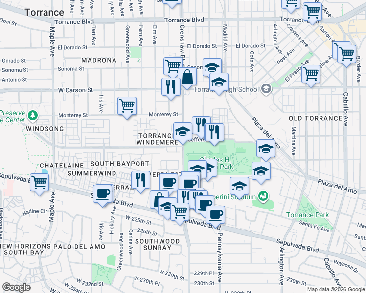 map of restaurants, bars, coffee shops, grocery stores, and more near in Torrance