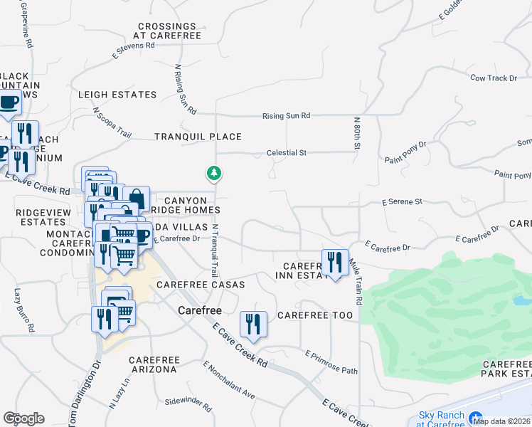 map of restaurants, bars, coffee shops, grocery stores, and more near 7736 Rocking Chair Road in Carefree