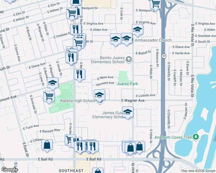 map of restaurants, bars, coffee shops, grocery stores, and more near 920 South Clay Street in Anaheim