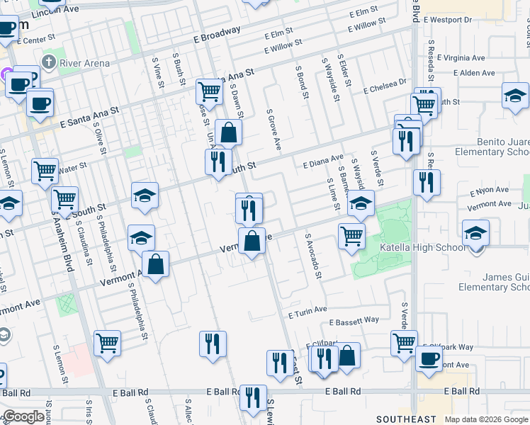 map of restaurants, bars, coffee shops, grocery stores, and more near 1206 East Hampshire Avenue in Anaheim