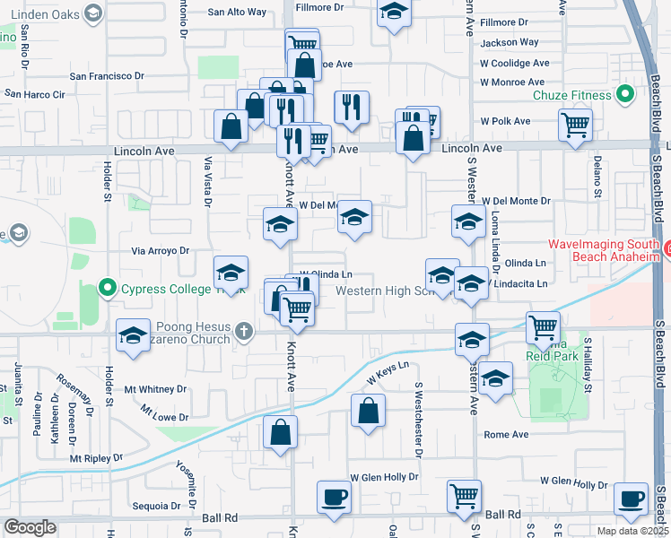 map of restaurants, bars, coffee shops, grocery stores, and more near 3420 West Olinda Lane in Anaheim