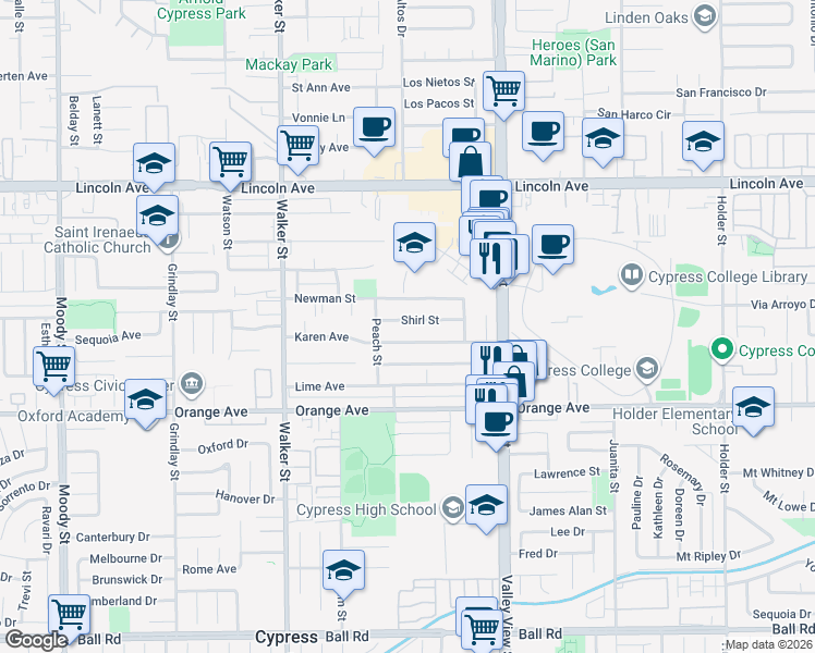 map of restaurants, bars, coffee shops, grocery stores, and more near 5782 Karen Avenue in Cypress